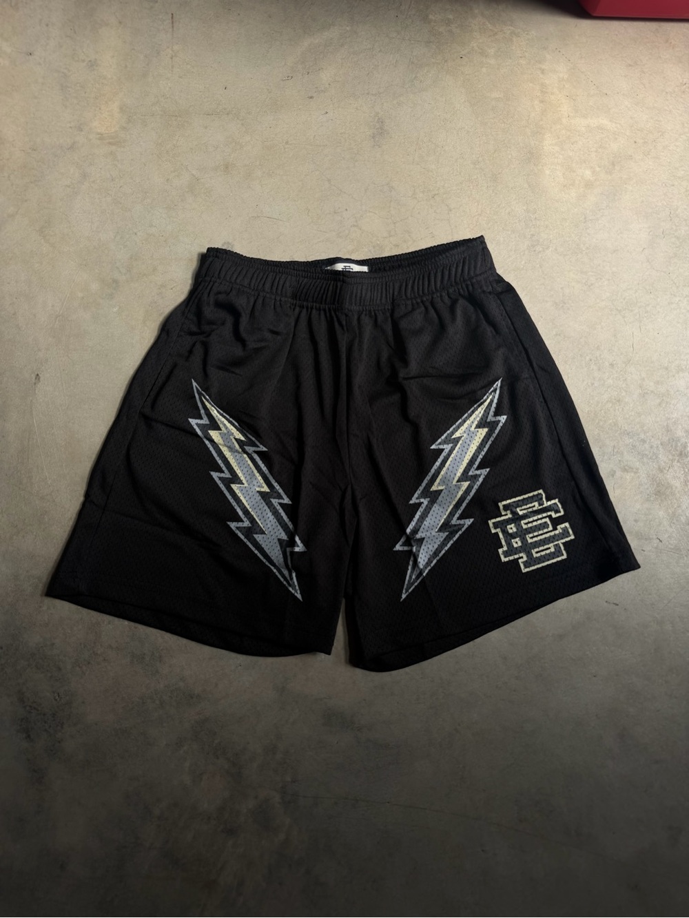 Black EE Lightning Bolt Mesh Shorts